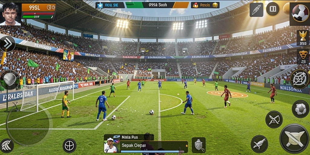 Screenshot gameplay 99SL menunjukkan aksi sepak bola yang mendebarkan.