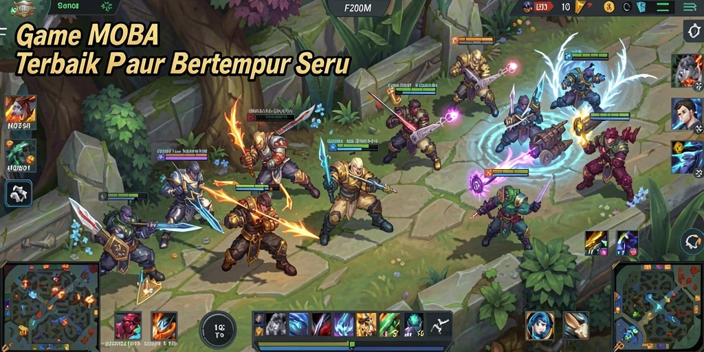 Screenshot gameplay F200M menampilkan aksi seru dalam pertempuran MOBA.