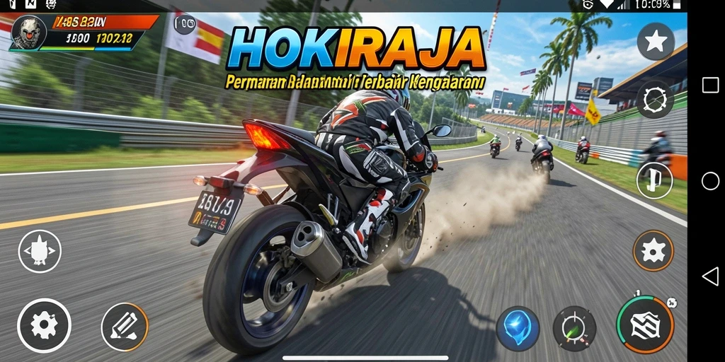 Tampilan gameplay HOKIRAJA yang mendebarkan dalam balapan motor.