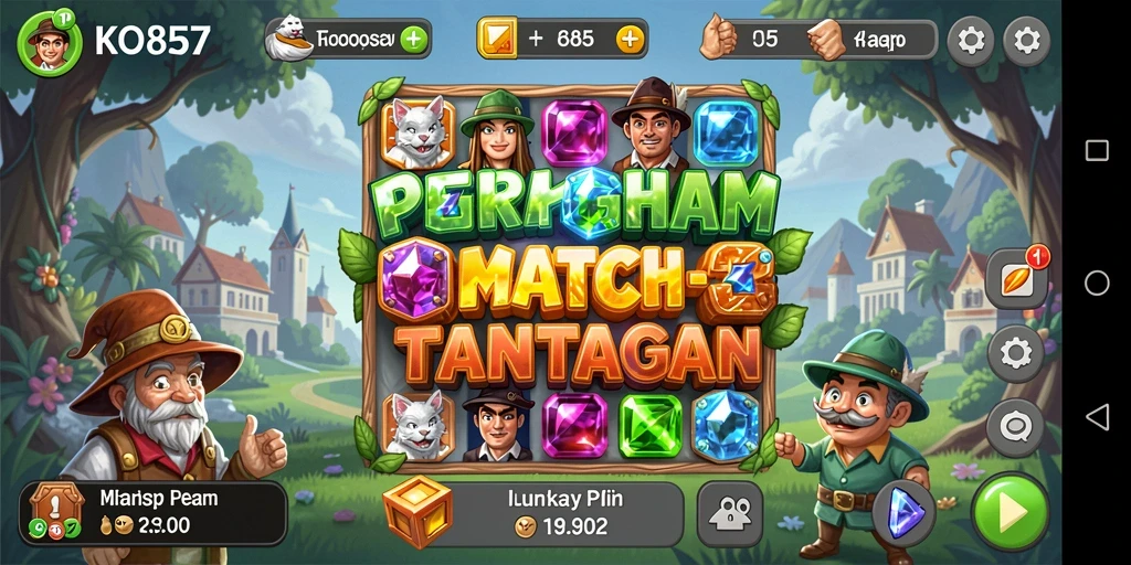 Tangkapan layar gameplay Match-3 yang menarik dan penuh warna.