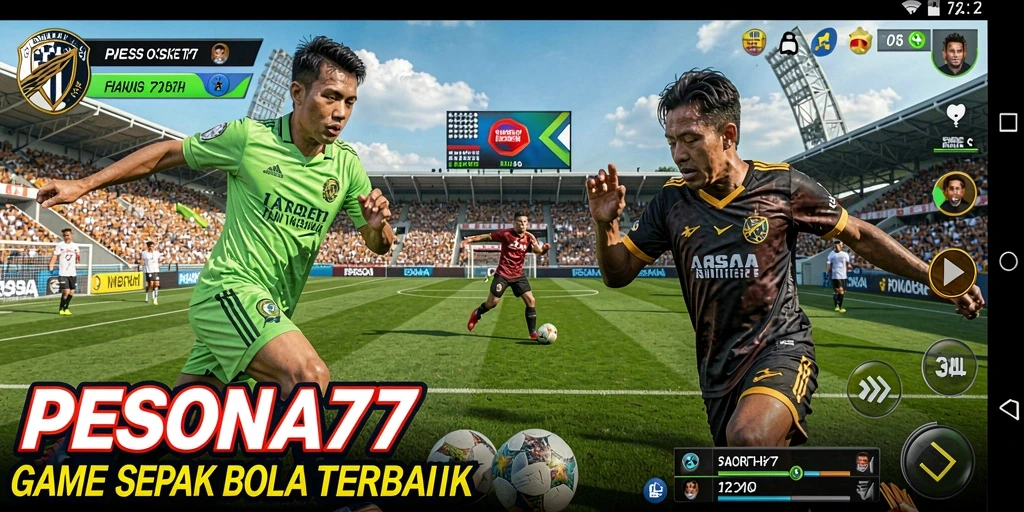 Screenshot utama PESONA77 menampilkan aksi seru di lapangan sepak bola.