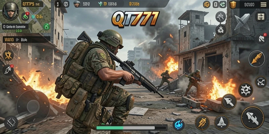 Screenshot utama QT777 menampilkan aksi pertempuran yang mendebarkan.