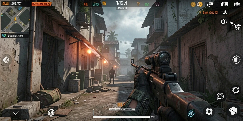 Screenshot menampilkan aksi cepat gameplay RAJALANGIT77 dalam mode FPS.