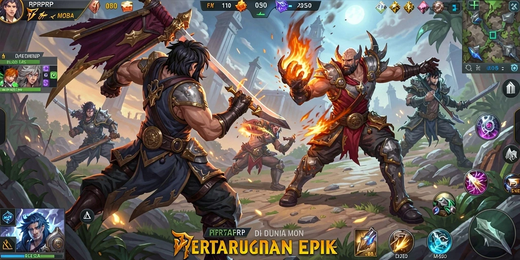 Tampilan gameplay RPRPRP yang seru di arena pertempuran MOBA.