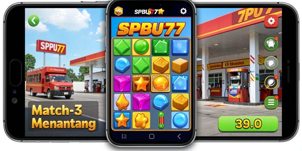 Tampilan gameplay seru dari SPBU77 dengan berbagai tantangan Match-3.