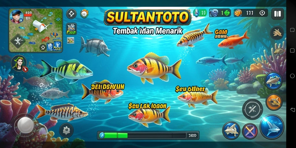 Tampilan gameplay SULTANTOTO saat menembak ikan di lautan.